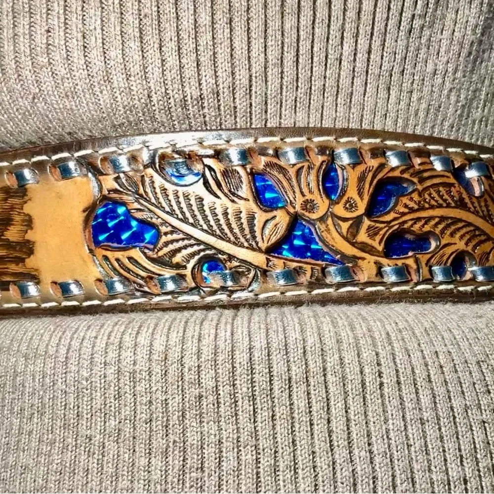 Wilson Brown Leather Belt with‎ Silver Lacing Engraved BEV Size 32 Excellent